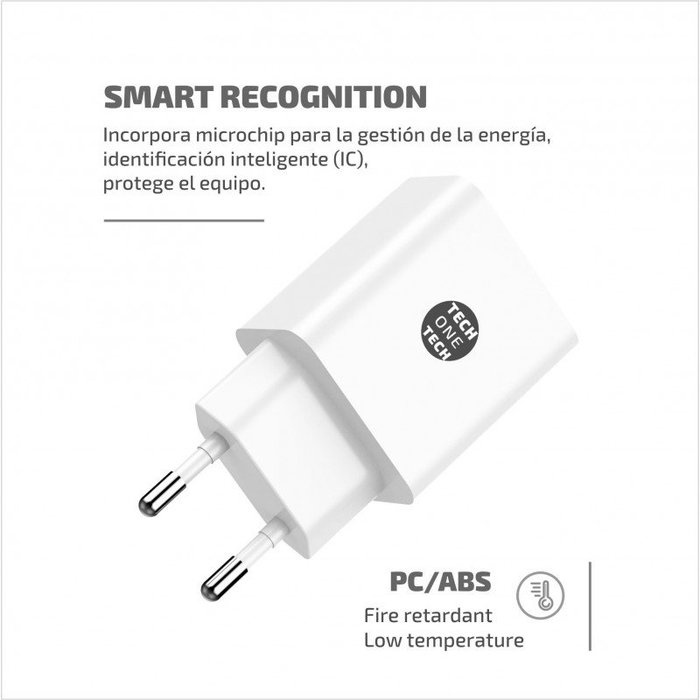Tech One Tech Cargador de Pared TEC2403 con 2xUSB y Cable USB-C Blanco Tech One Tech Cargador de Pared TEC2403 con 2xUSB y Cable USB-C Blanco